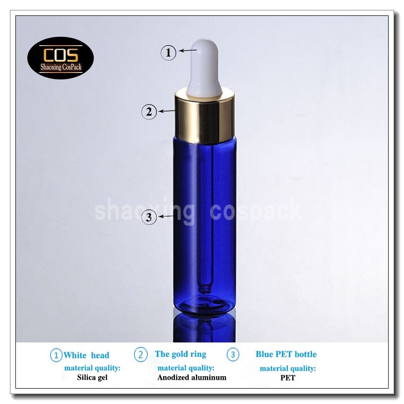 DB27-30ml Blue PET bottle with gold ring white rubber dropper (4)