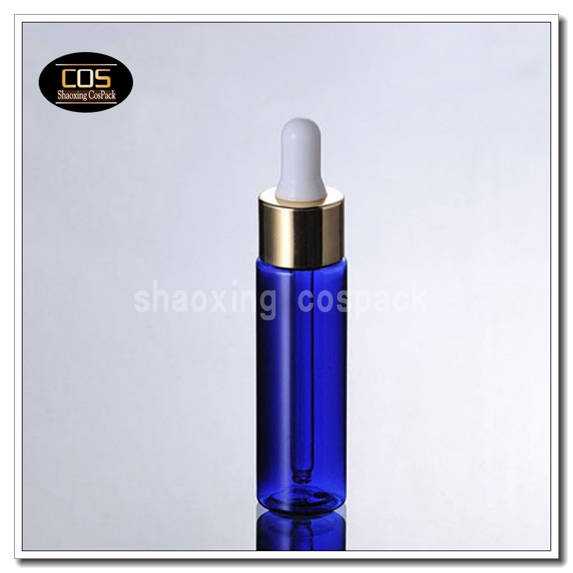 DB27-30ml Blue PET bottle with gold ring white rubber dropper (1)