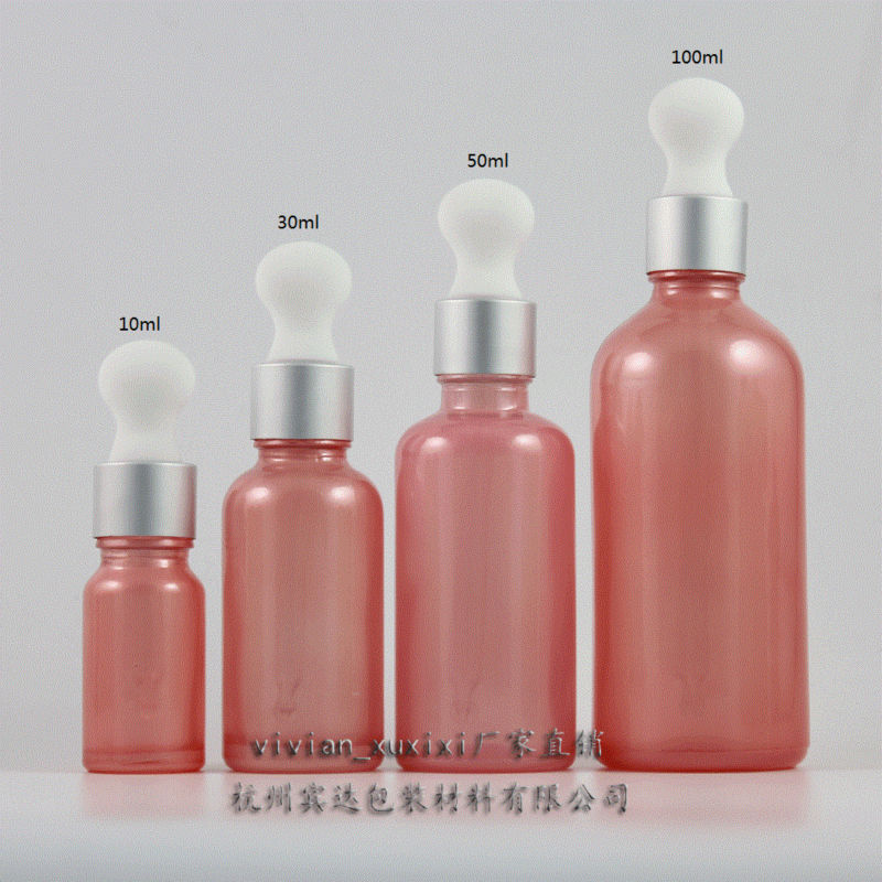 50pcs empty 50 ml wholesale pink Glass Essential Oil packaging With aluminum matte silver ring and white rubber dropper