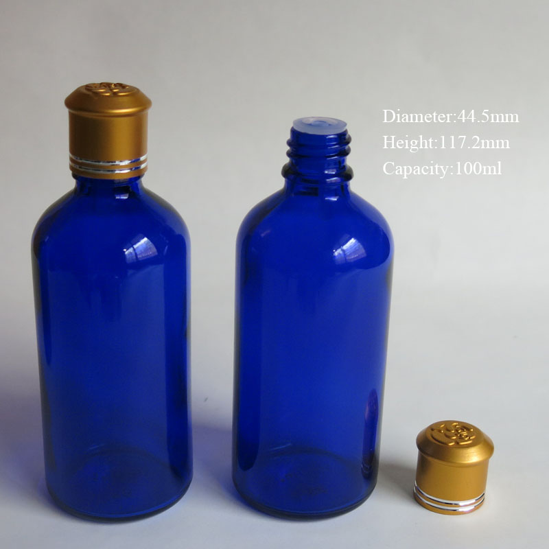 100 Pcs 100ml Blue Empty Essential Oil Glass Bottle With Insert & Screw On Lid