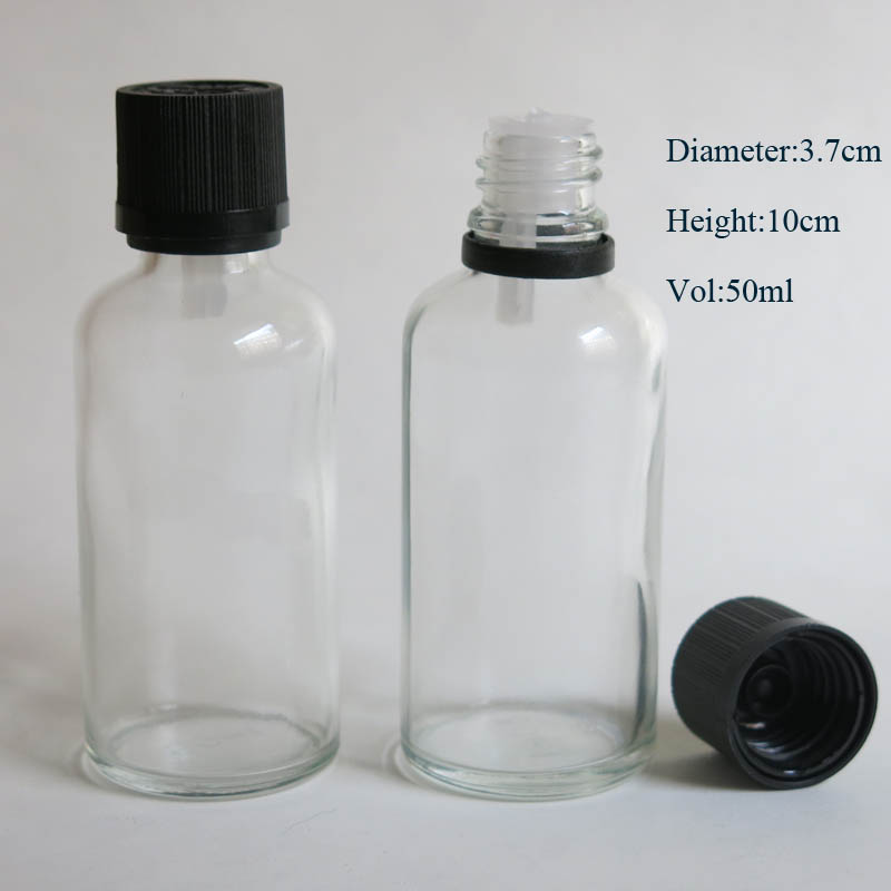 100pcs 50ml clear glass bottle with reducer dropper and tamper evident lid