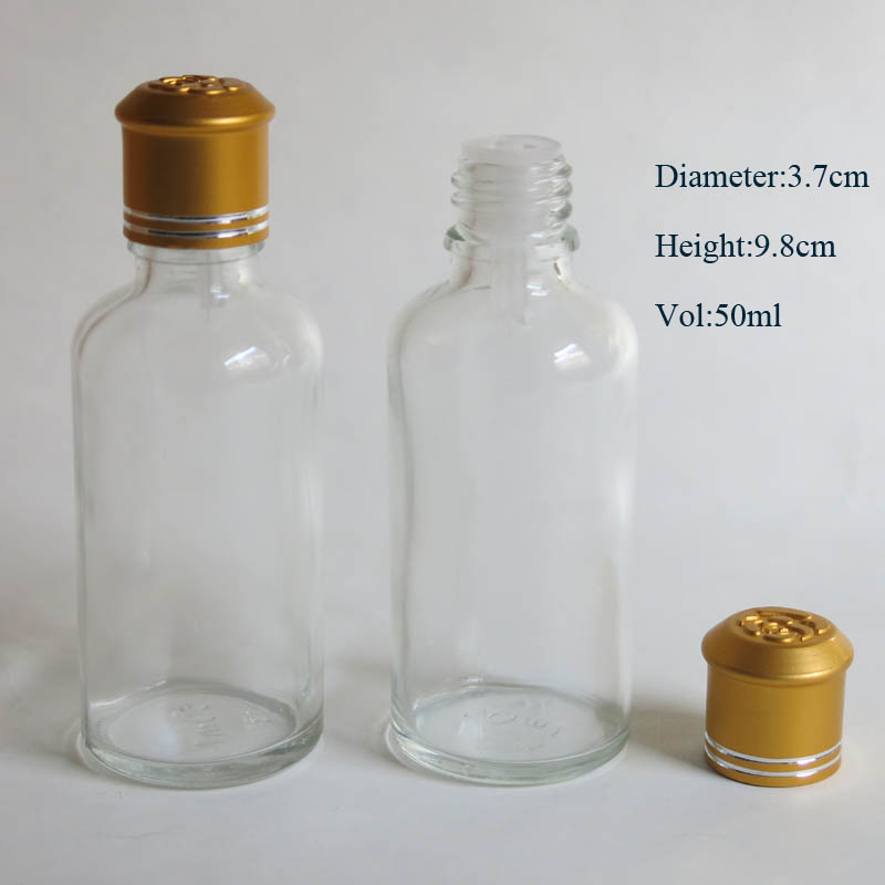 100pcs 50ml clear glass bottle with reducer dropper and tamper evident lid