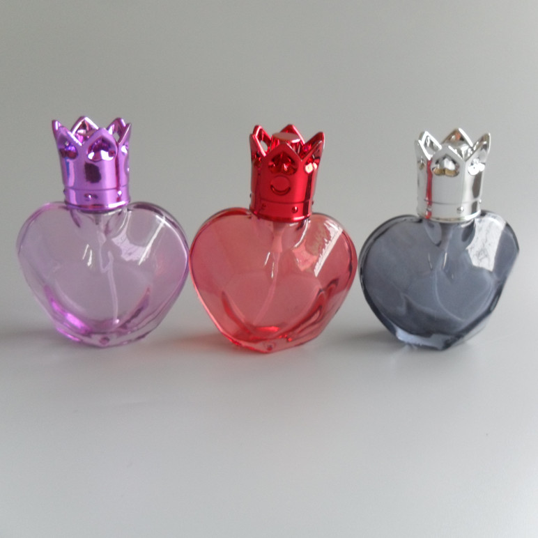 100pcs empty 30ml glass perfume packaging bottles / heart shape colorful glass spray perfume bottle /1 oz perfume glass bottle