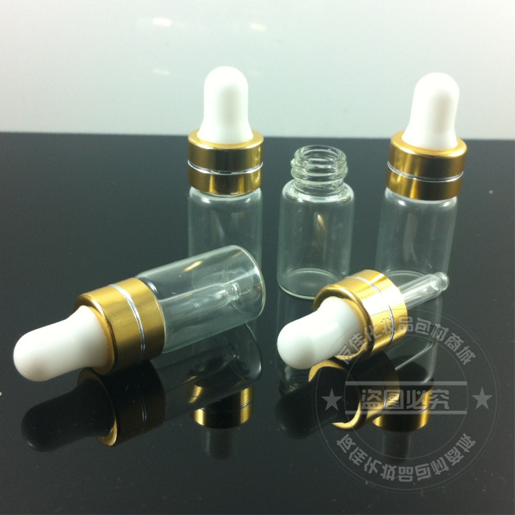 100pcs 3ml transparent Glass Essential Oil Bottle With gold ring and white rubber dropper lid