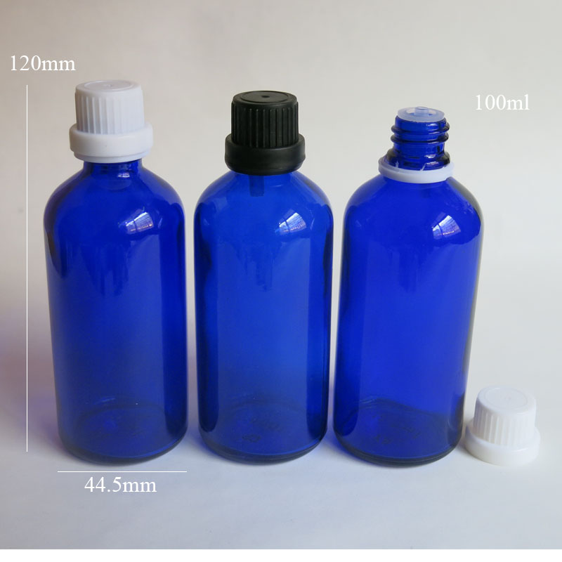100 Pcs 100ml Blue Empty Essential Oil Glass Bottle With Insert & Childproof Tamper Evident Cap