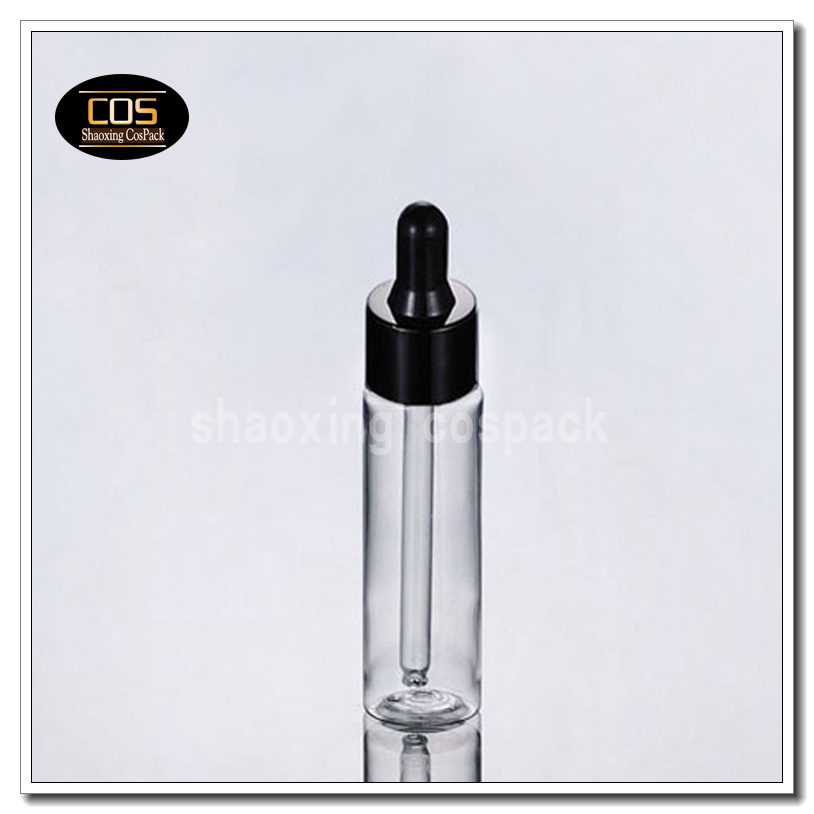 100pcs Online sale 1oz empty clear plastic cosmetic bottle with black rubber dropper