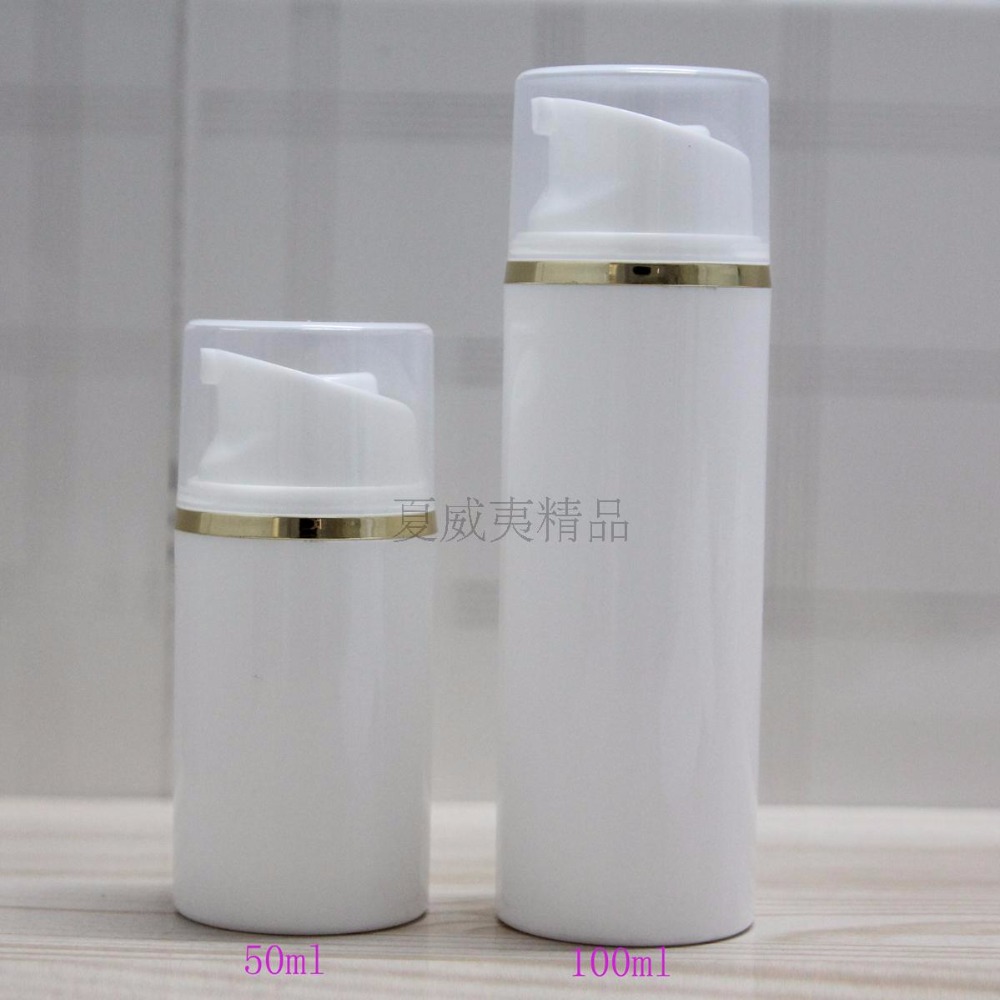100pcs 100ml white airless vacuum pump lotion bottle with gold Line and clear cap