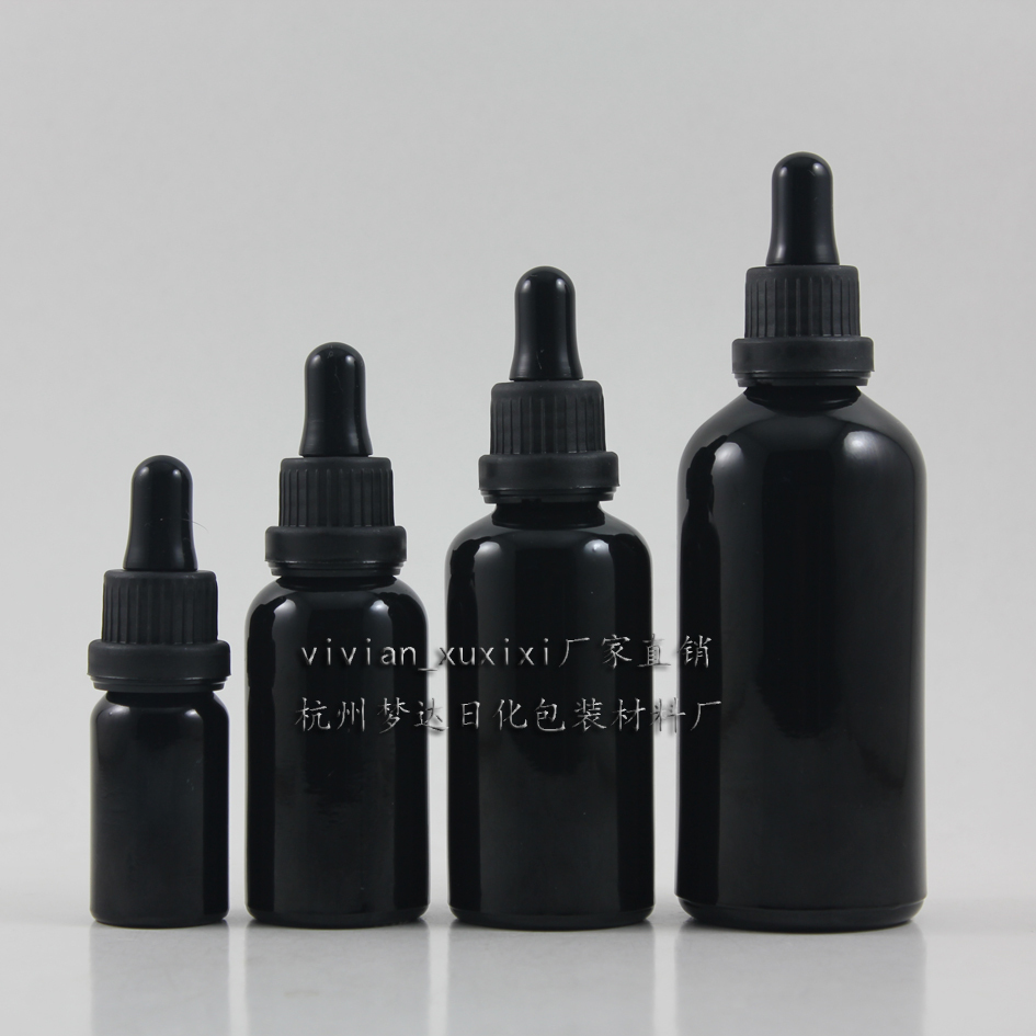 50pcs 50ml shiny black dropper glass bottle with black plastic cap