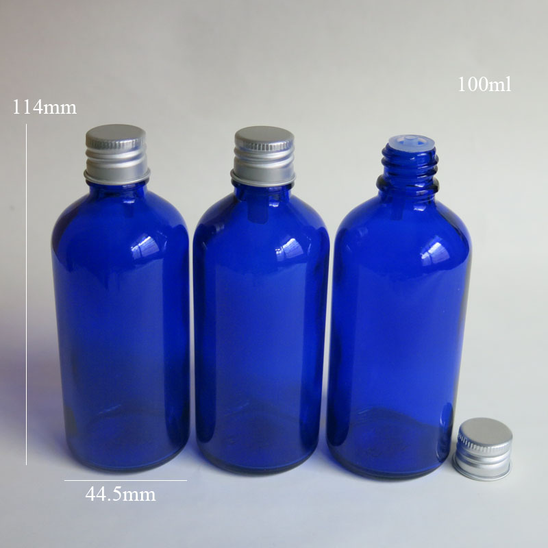 100 Pcs/Lot 100ml Blue Empty Essential Oil Glass Bottle With Insert & Screw On Lid