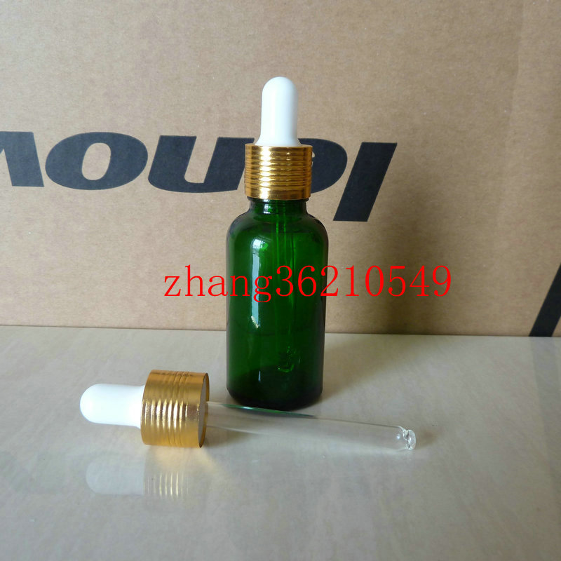 30pcs 30ml green Glass Essential Oil Bottle With aluminum shiny gold dropper cap
