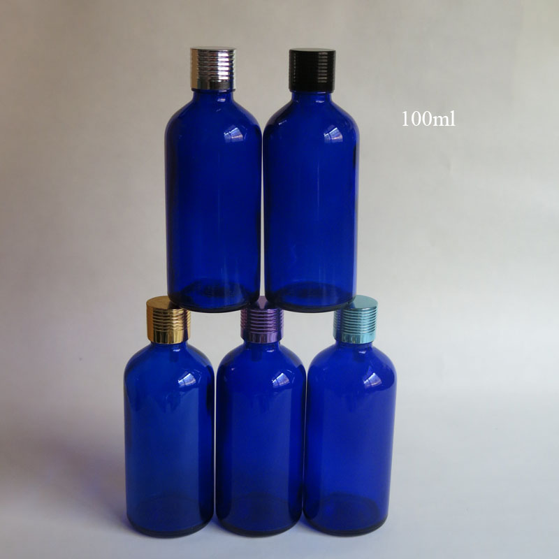 100 Pcs/Lot 100ml Blue Empty Essential Oil Glass Bottle With Insert & Screw On Lid